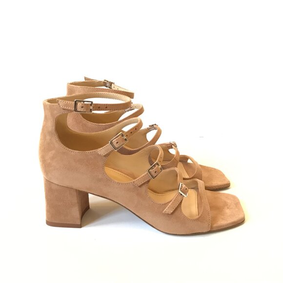 NEW Marion Parke Francine Sandals Heels Womens 37 7 Caramel Tan Suede Buckle NEW - Picture 2 of 12